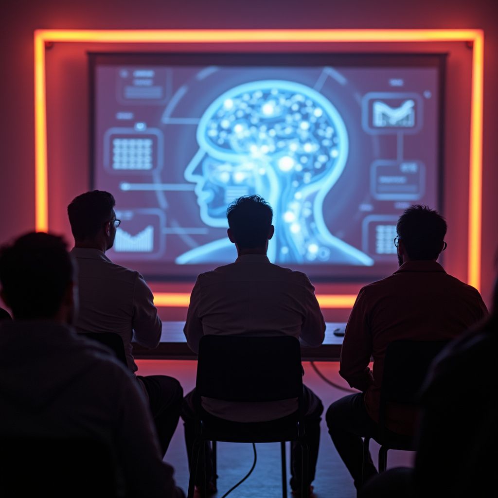 Pessoas sentadas, de frente para uma tela que exibe um diagrama luminoso do cérebro. Sala com luz vermelha, possivelmente uma apresentação.