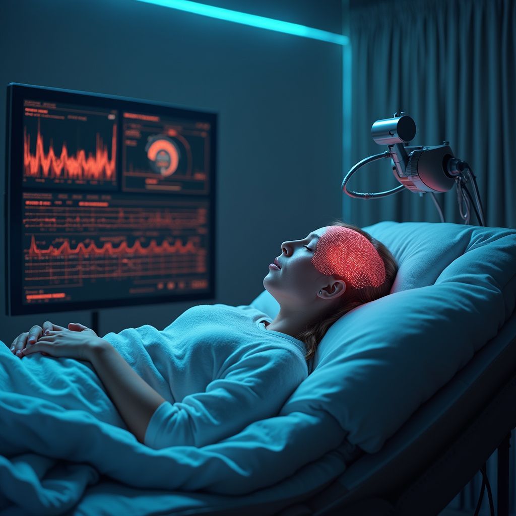 Mulher deitada na cama, exame cerebral em andamento. Brilho vermelho no cérebro, tela de dados, ambiente clínico.
