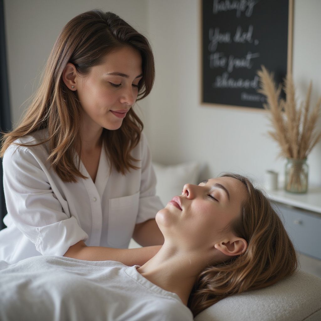 Uma mulher recebe uma massagem no pescoço de outra mulher em uma sala bem iluminada.