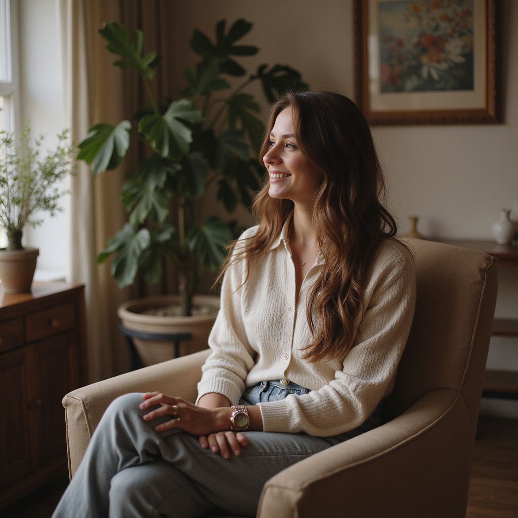 Uma mulher de cardigã bege e calça jeans está sentada em uma cadeira, sorrindo, perto de uma planta e de uma janela.