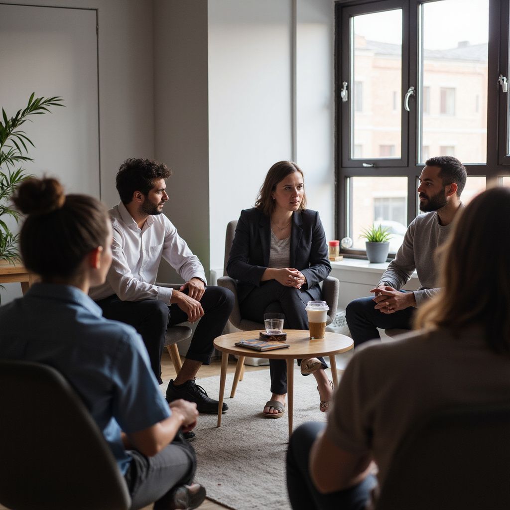 Sessão de terapia em grupo: Pessoas sentadas em círculo, discutindo em uma sala iluminada com janela.