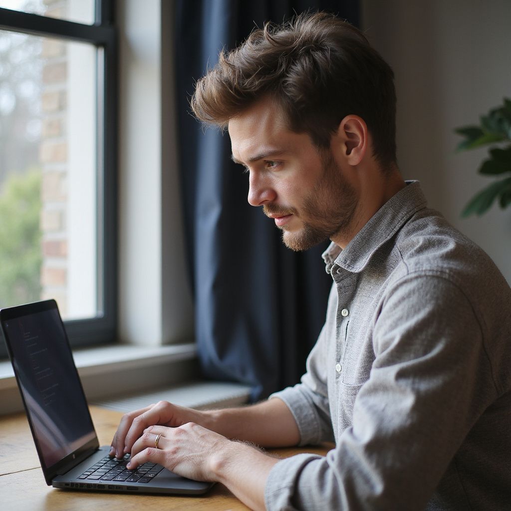 Homem digitando em um laptop em uma mesa perto de uma janela, concentrado.