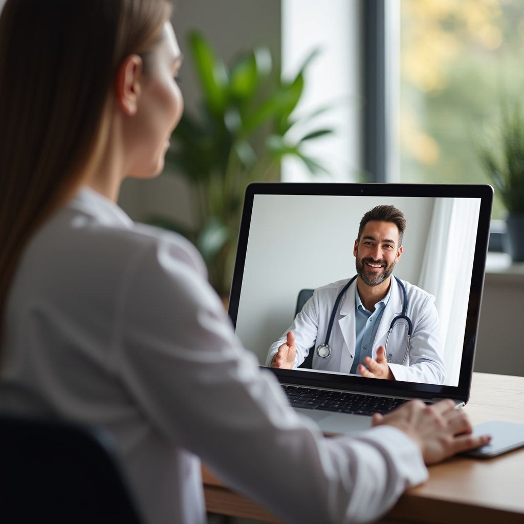 Mulher de jaleco branco em consulta de telemedicina por vídeo com um médico sorridente também de jaleco branco.