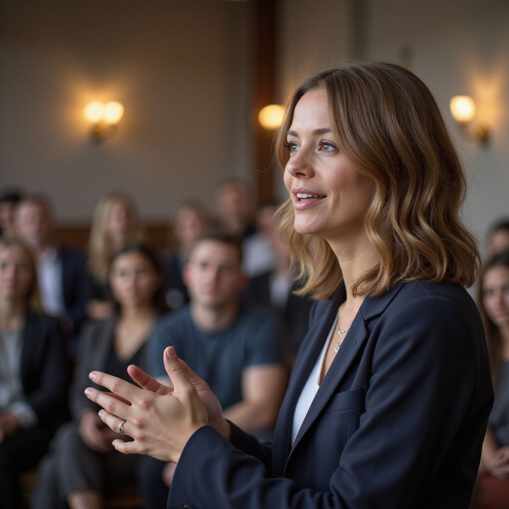 Mulher de blazer discursa para a plateia, que aplaude. Ambiente interno com iluminação aconchegante.