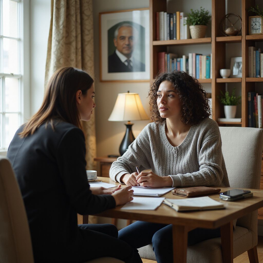 Duas mulheres estão sentadas à mesa, com papéis e um caderno à vista, conversando. Uma estante de livros e um abajur estão ao fundo.