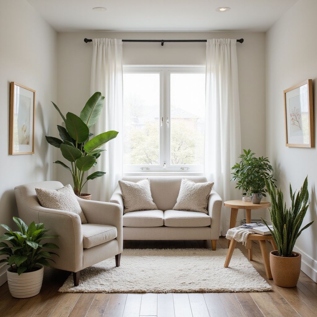 Sala de estar aconchegante com móveis em tons creme, janela, plantas e obras de arte emolduradas.