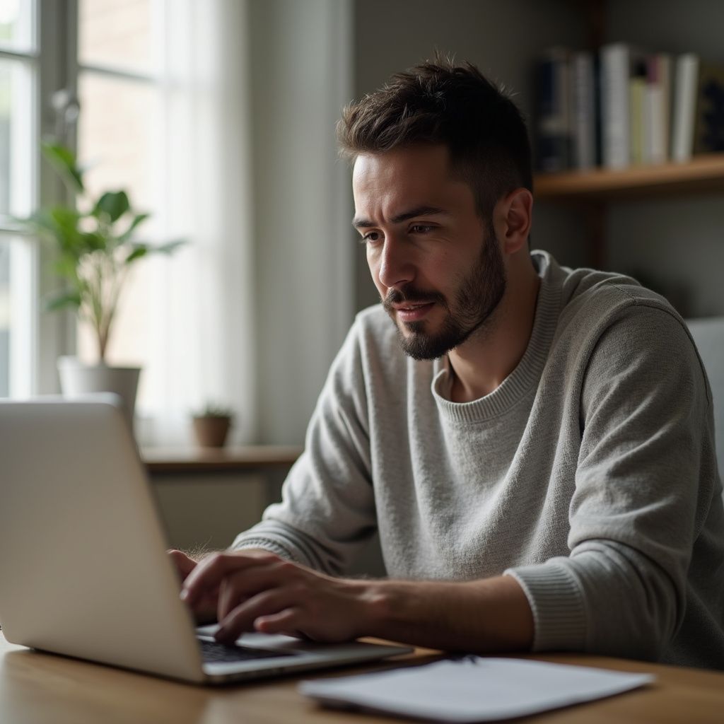 Homem trabalhando em um laptop em uma mesa dentro de casa, olhando para a tela.