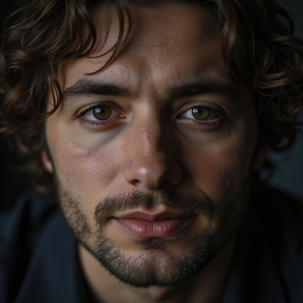 Homem de cabelos castanhos ondulados, olhando para a frente, com uma barba rala e olhos escuros.