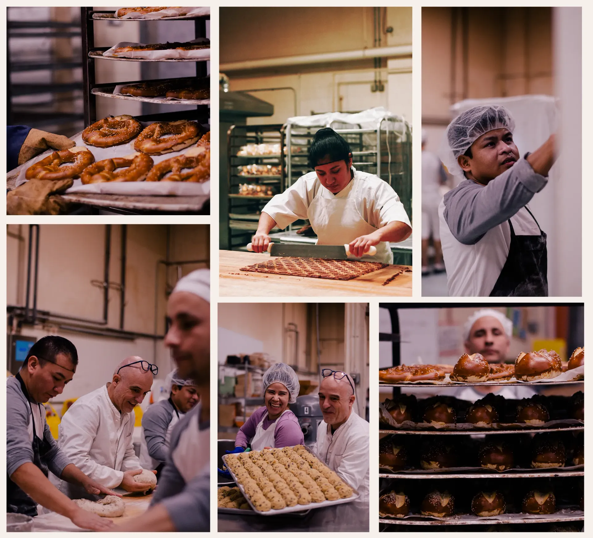 People baking pretzels in a commercial kitchen: shaping dough, placing baked goods on racks.