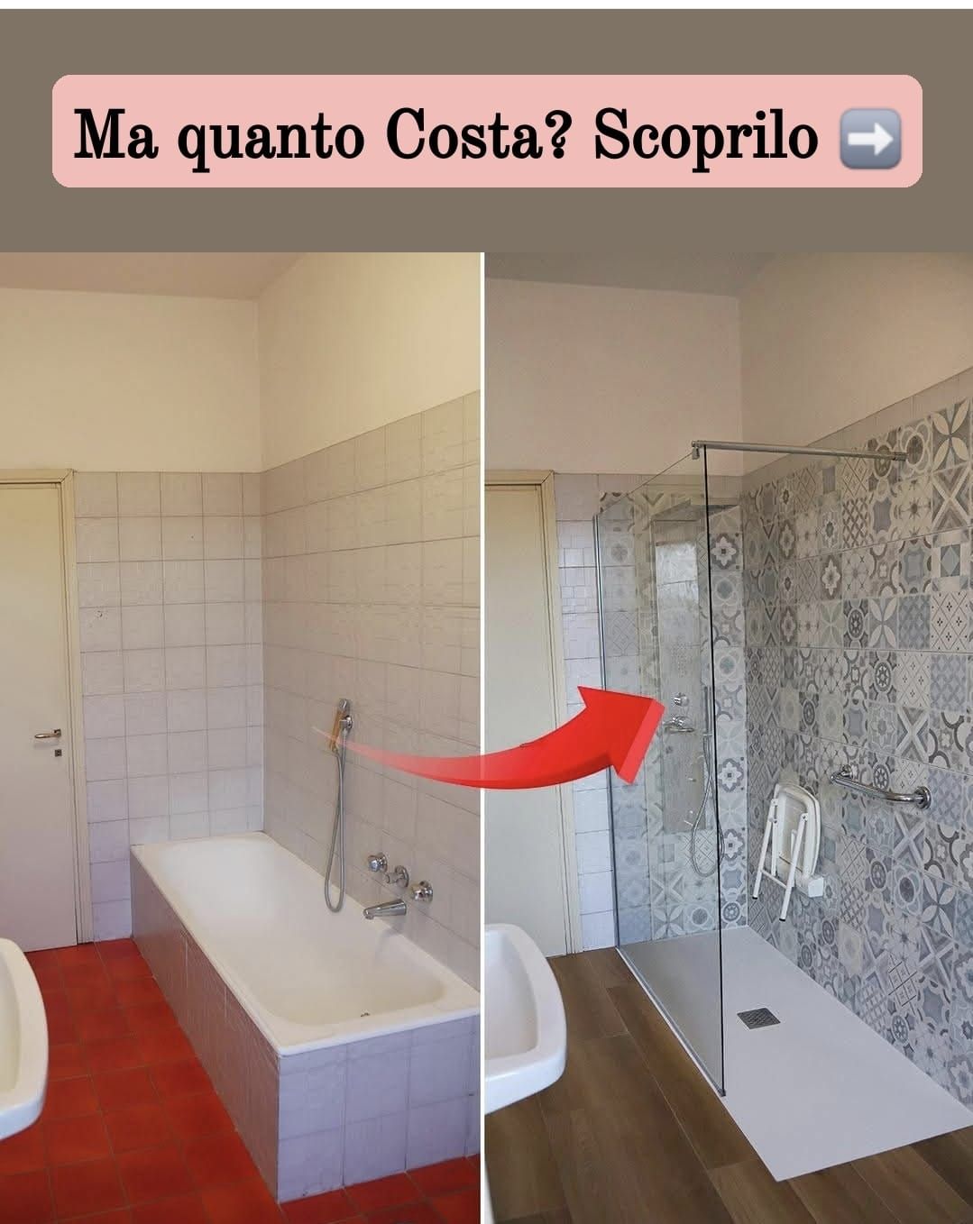 Una foto prima e dopo di un bagno con una freccia che punta a destra