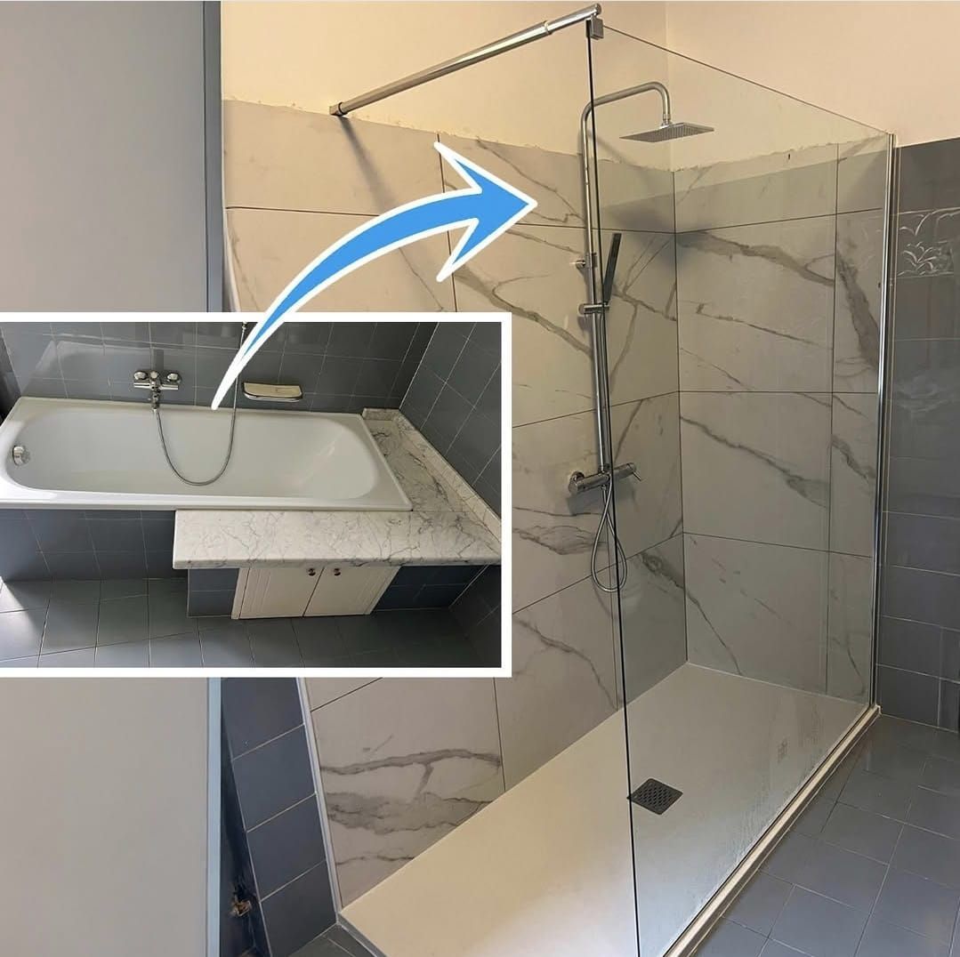 Una foto di una vasca da bagno accanto a una foto di una doccia