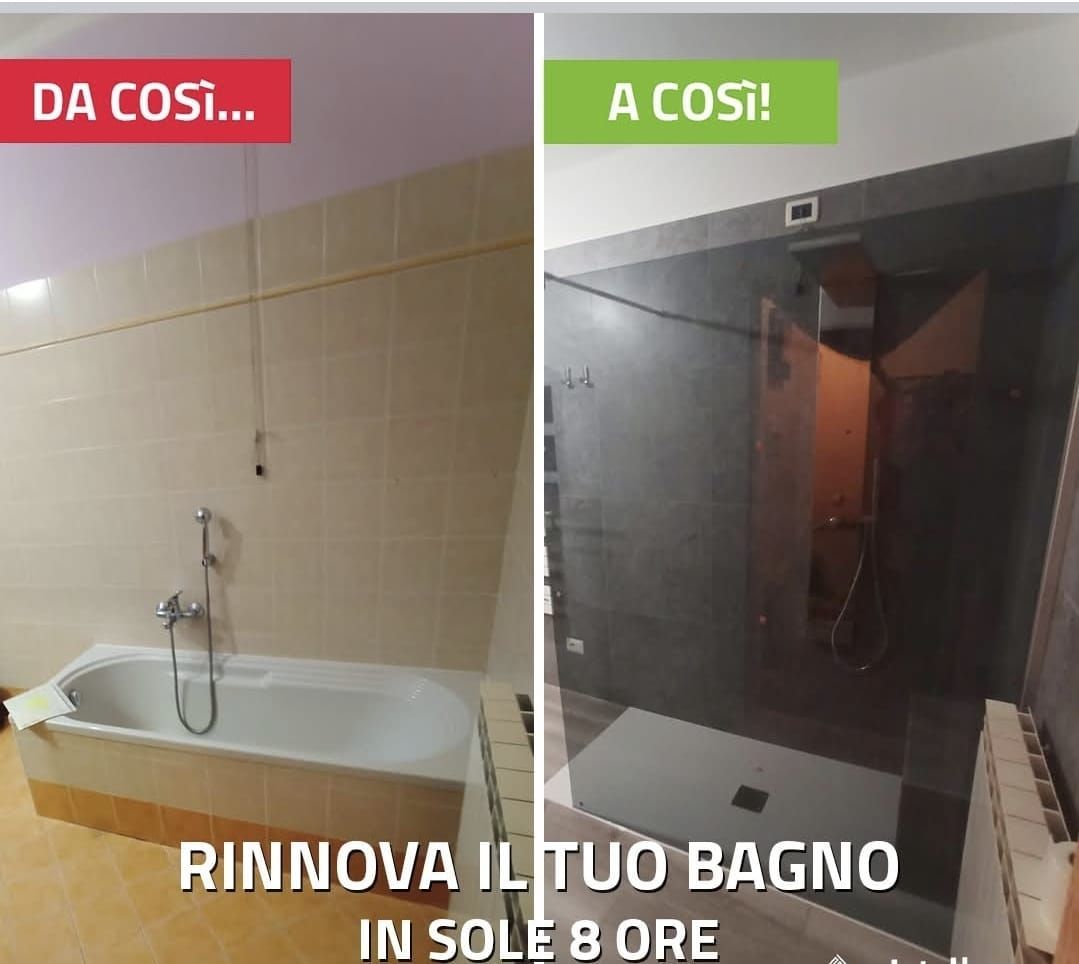 Una foto prima e dopo di un bagno con la didascalia