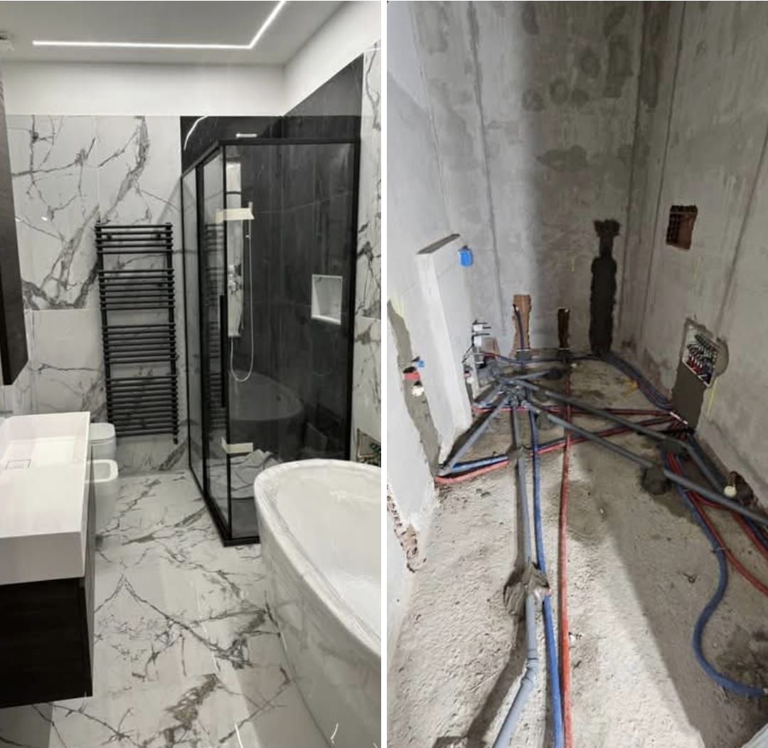 Un bagno prima e dopo la ristrutturazione, con lavandino e doccia.