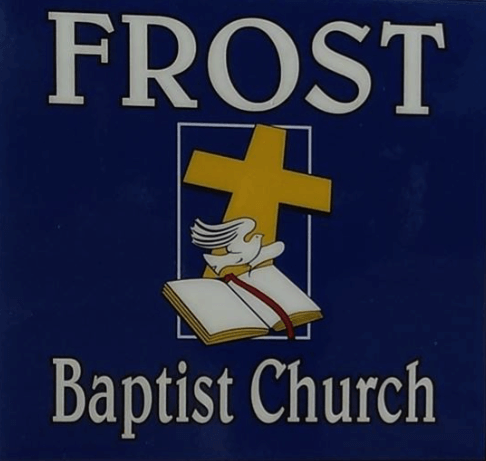 A blue sign for frost baptist church with a cross and bible