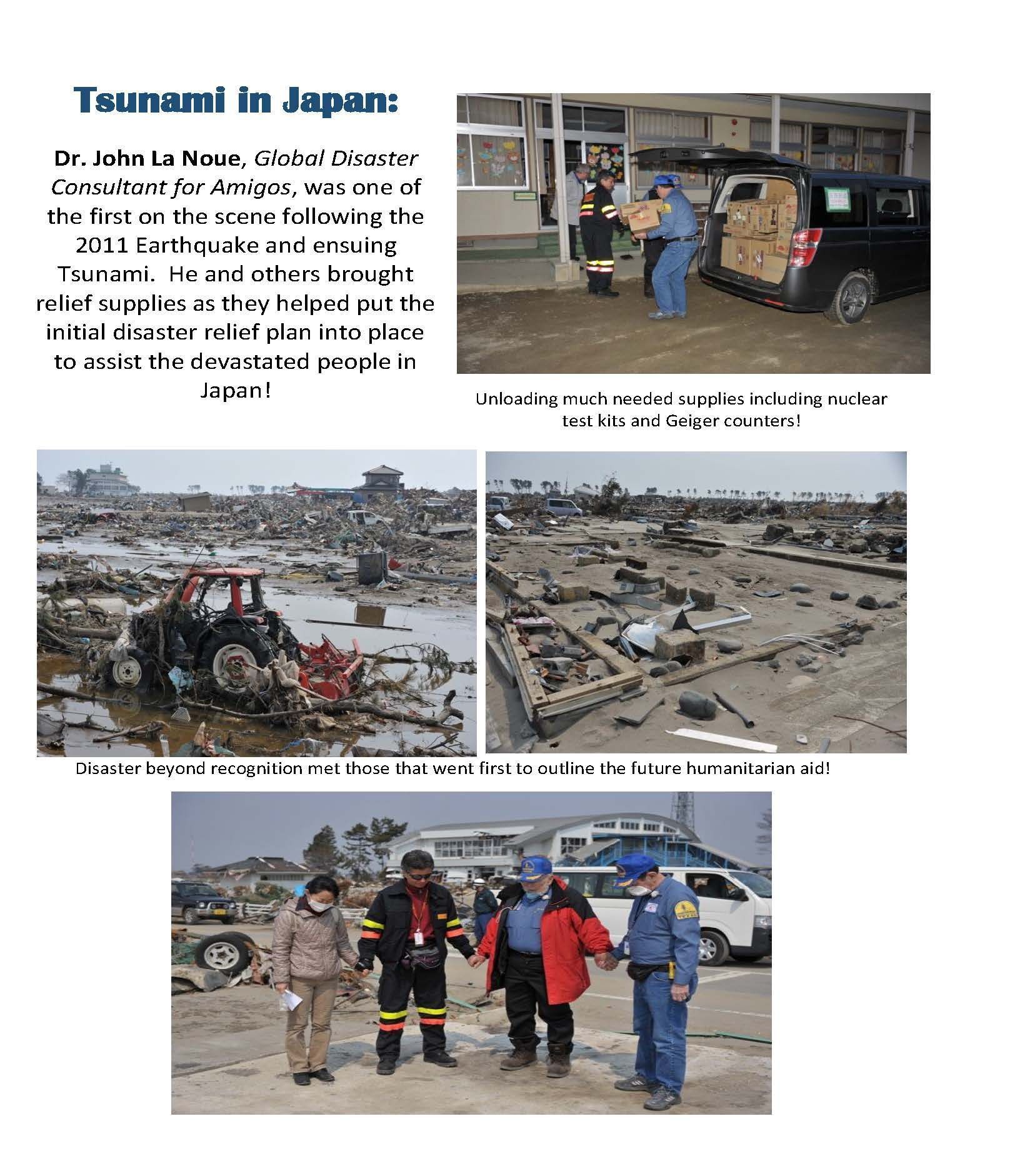 A group of people are standing next to each other in front of a tsunami in japan.