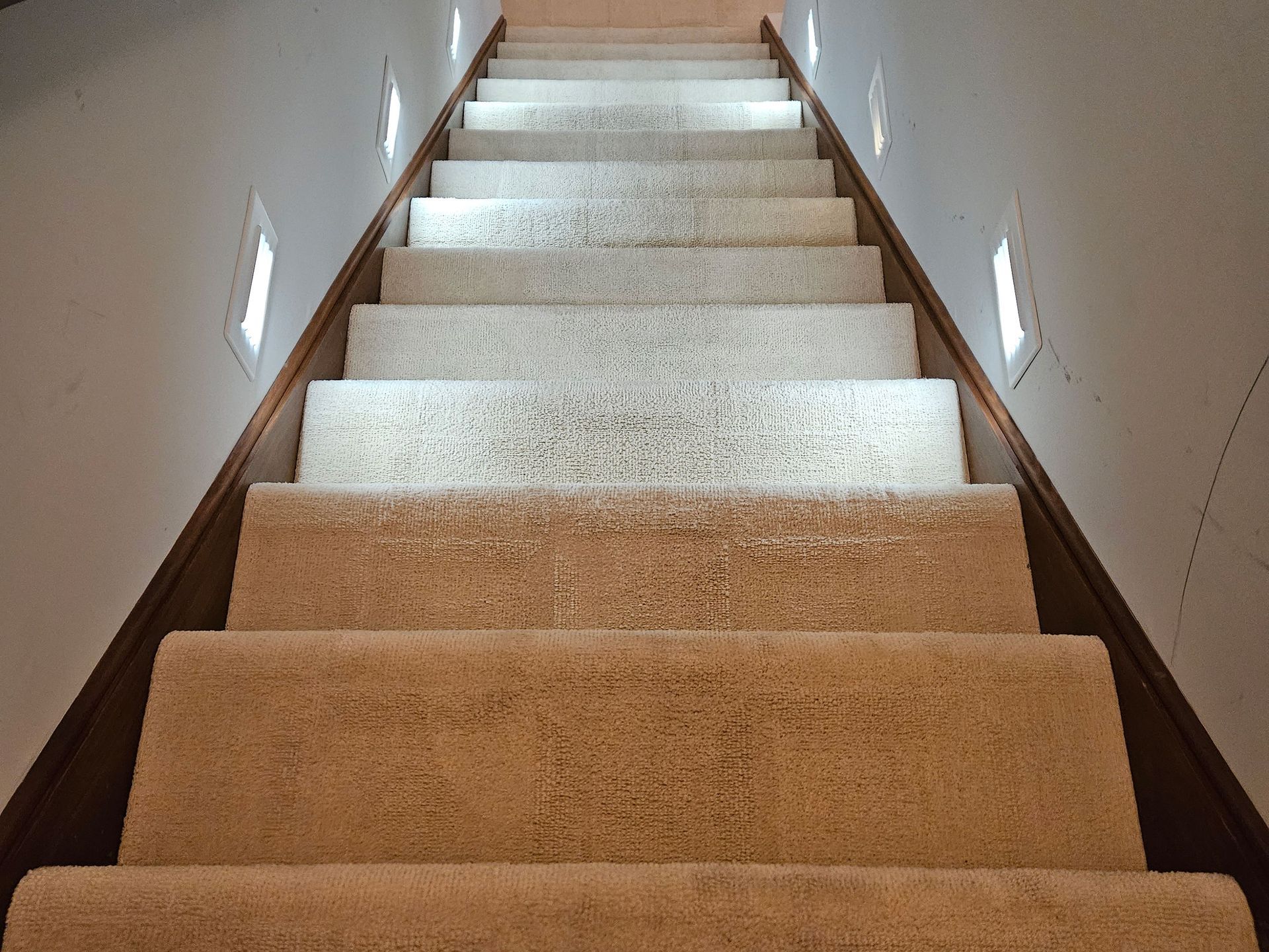 Staircase with carpet and recessed lights, ascending upward. Brown carpet and wood trim, white walls.