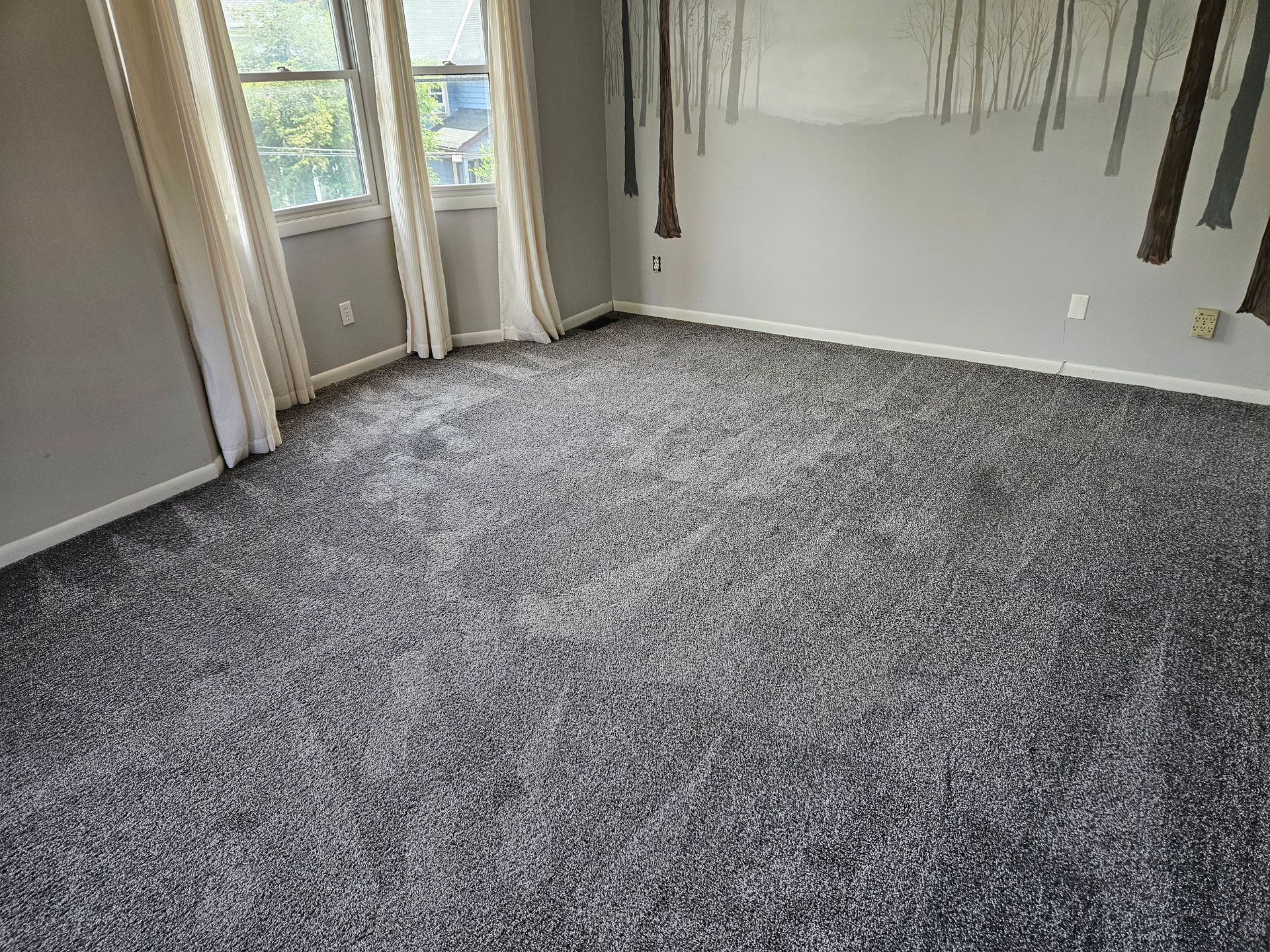 Gray carpeted room with a window and tree mural.