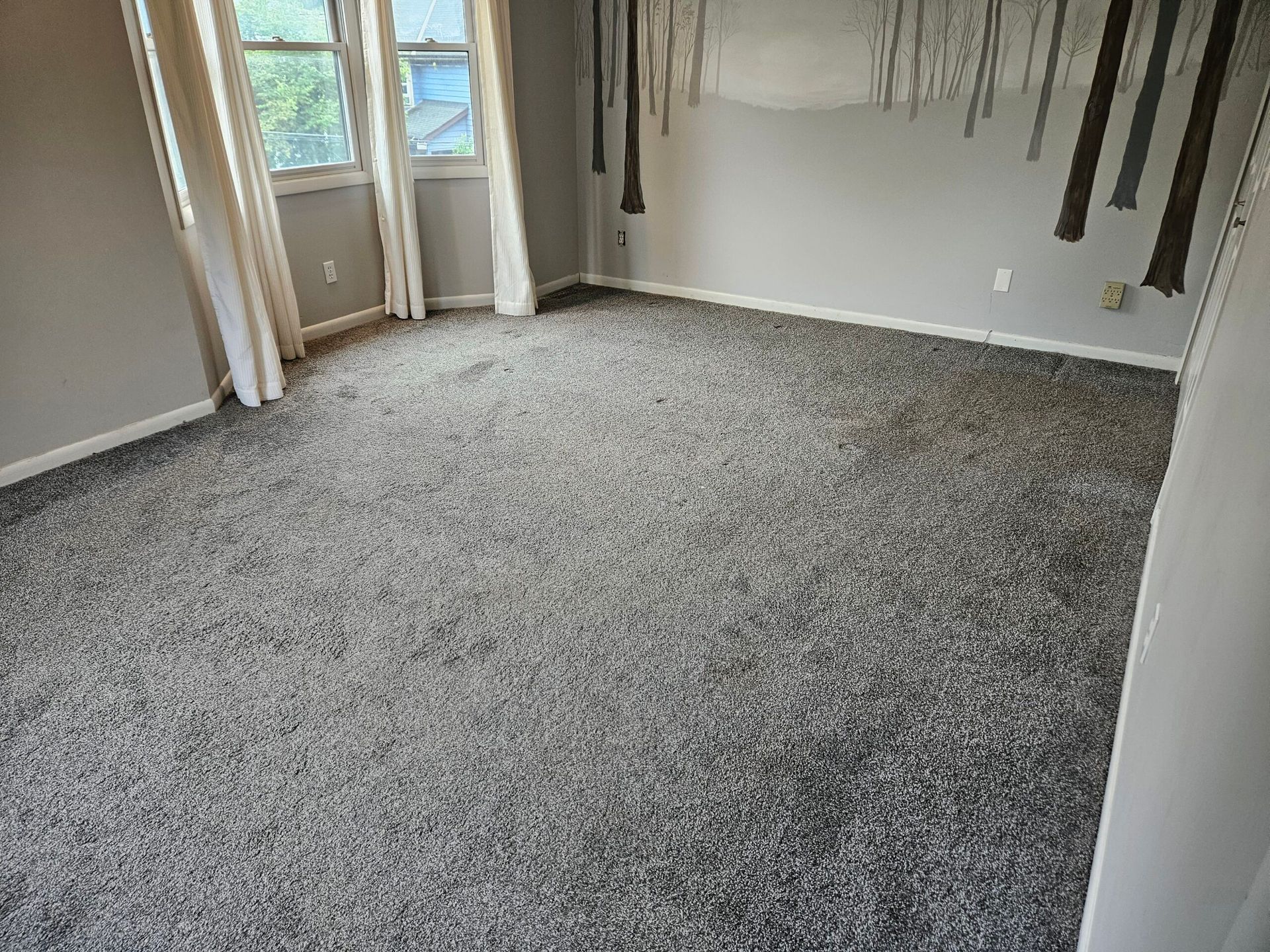 Gray carpet fills a room with light gray walls, a window with white curtains, and a forest mural.