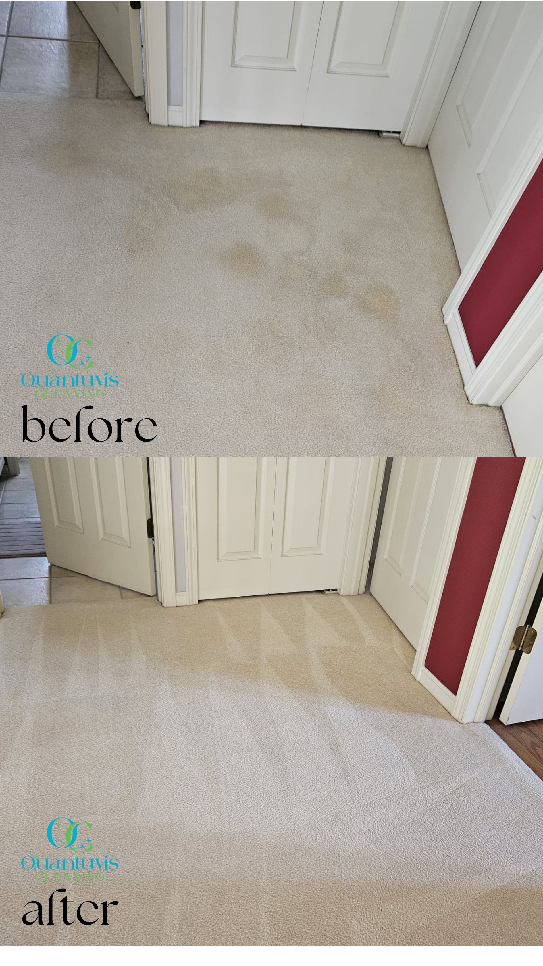 Before and after photos of a carpet cleaning. Beige carpet shows stain removal, brighter colors after cleaning.