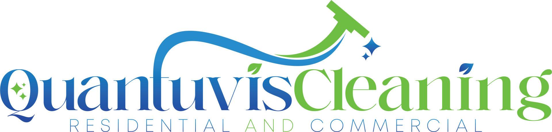 Logo of Quantuvis Cleaning, with blue and green text and a stylized cleaning tool illustration.