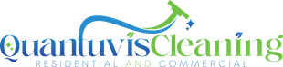 Logo of Quantuvis Cleaning, with blue and green text and a stylized cleaning tool illustration.