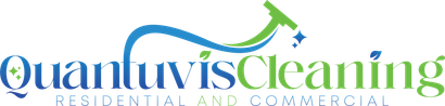 Logo of Quantuvis Cleaning, with blue and green text and a stylized cleaning tool illustration.