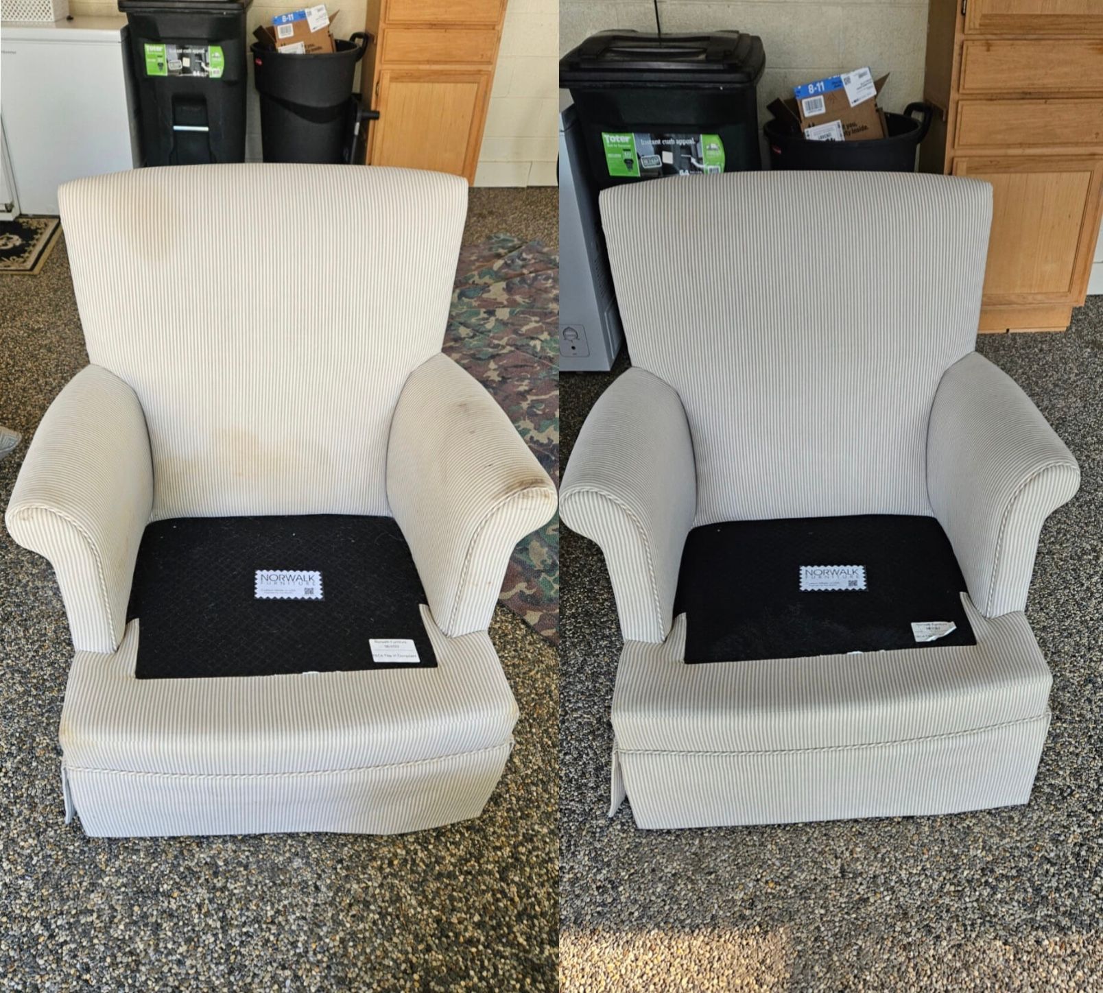 Two armchairs side-by-side, both with cream-colored striped fabric and black seat cushions; one appears cleaner than the other.