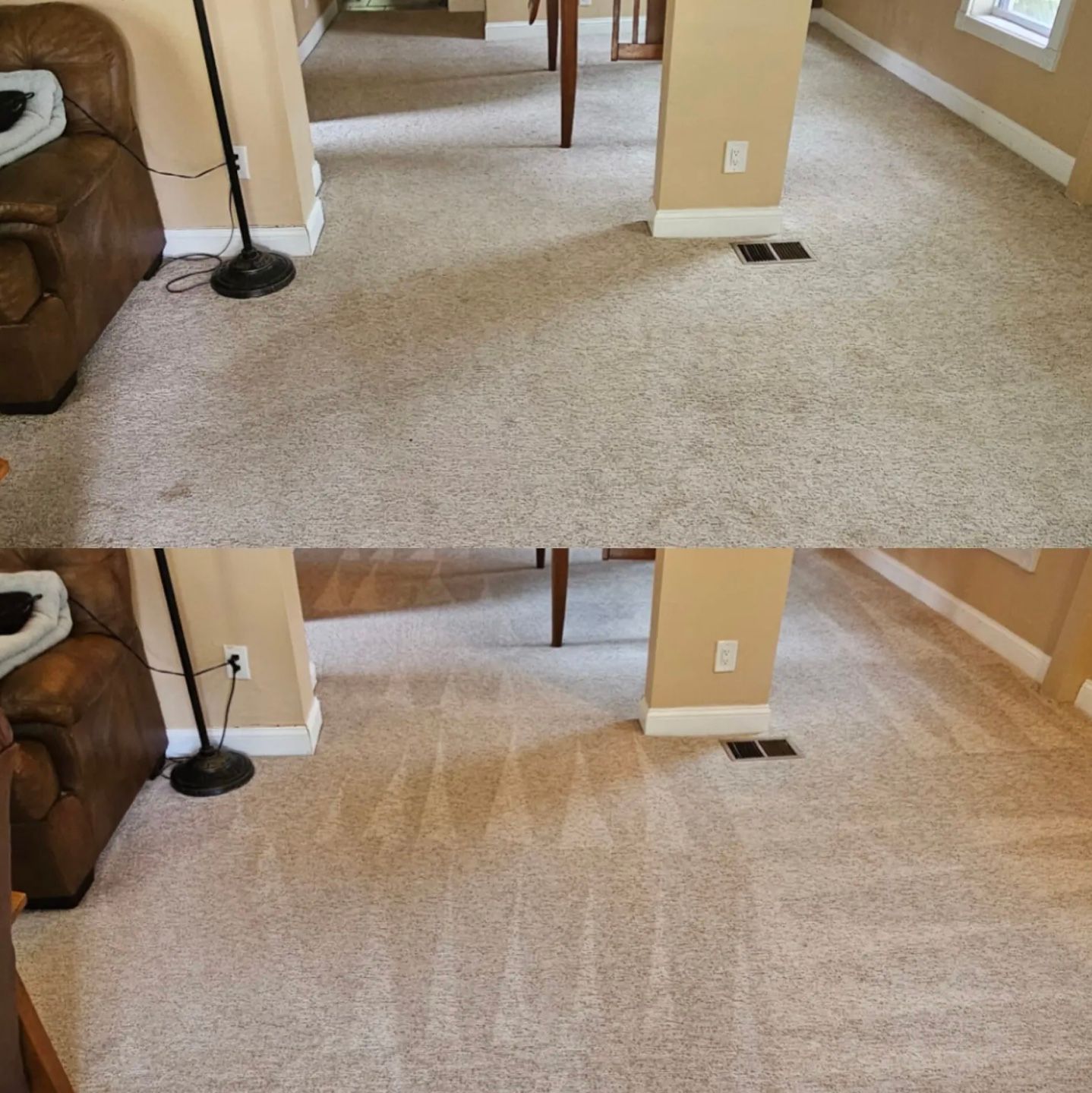 Top: Dirty carpet. Bottom: Cleaned carpet, beige and brown in a living room.