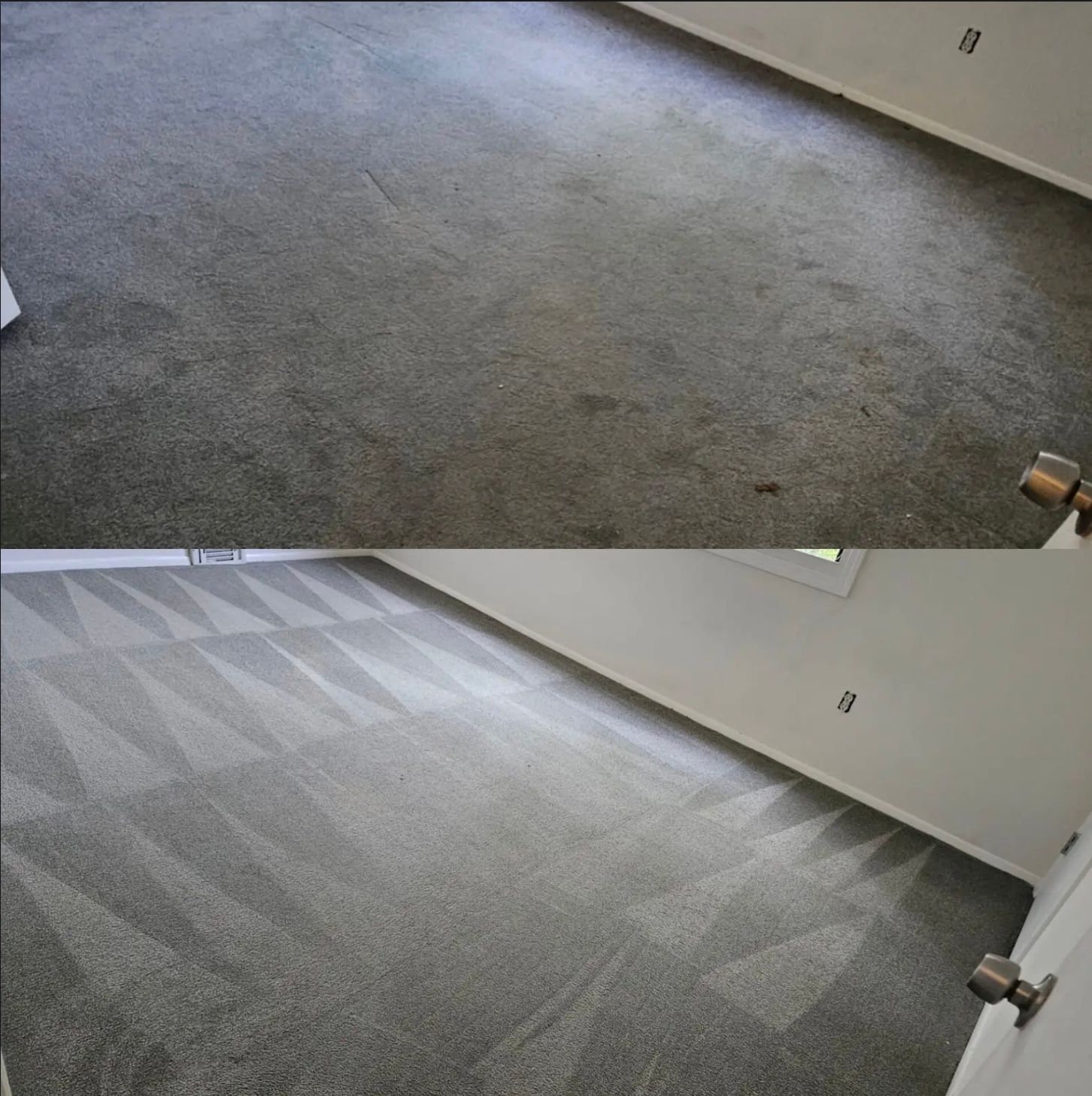 Before and after comparison of a gray carpet, showing cleaning results. The after is much cleaner, with directional cleaning patterns.