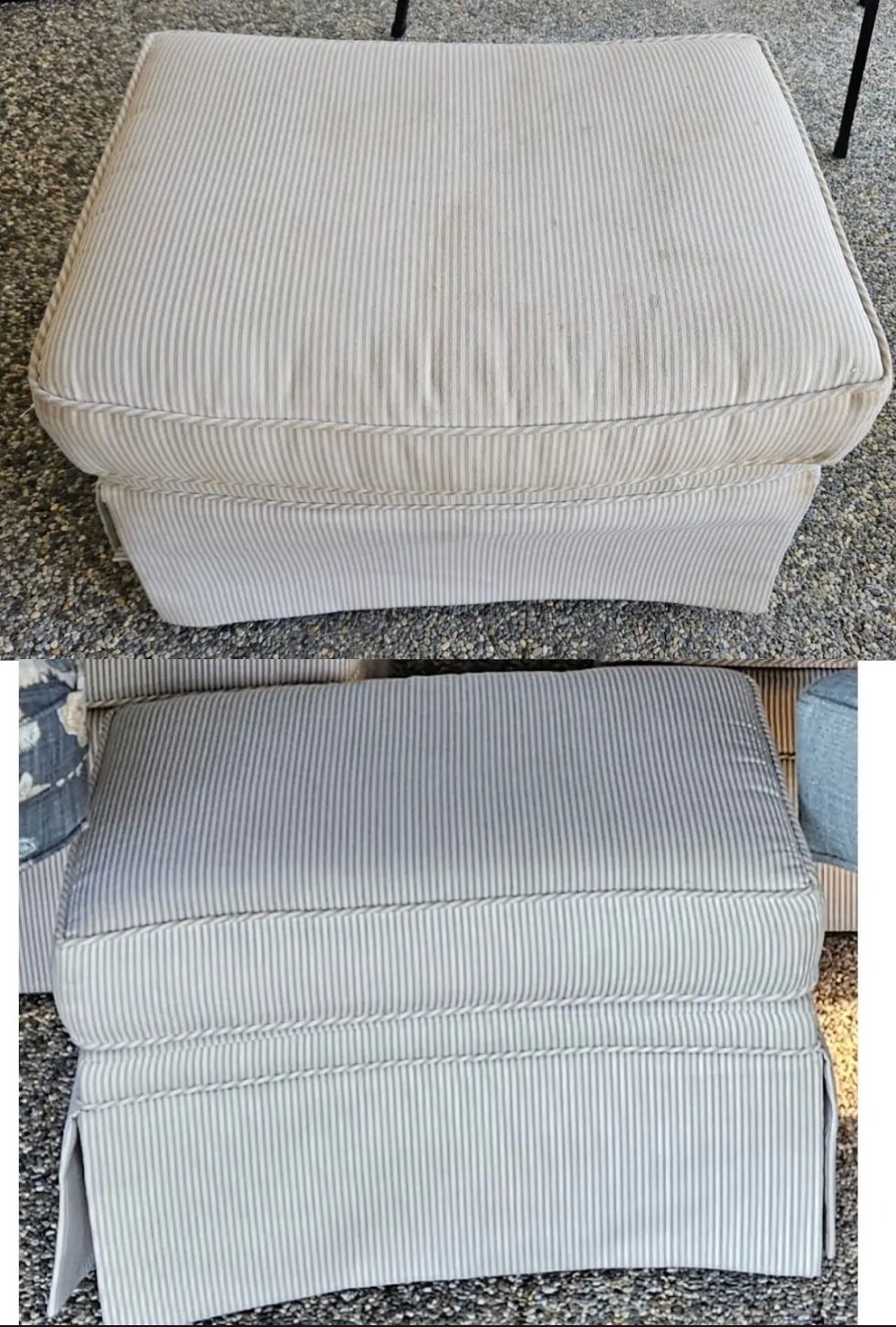Two photos of a light blue and white striped ottoman.