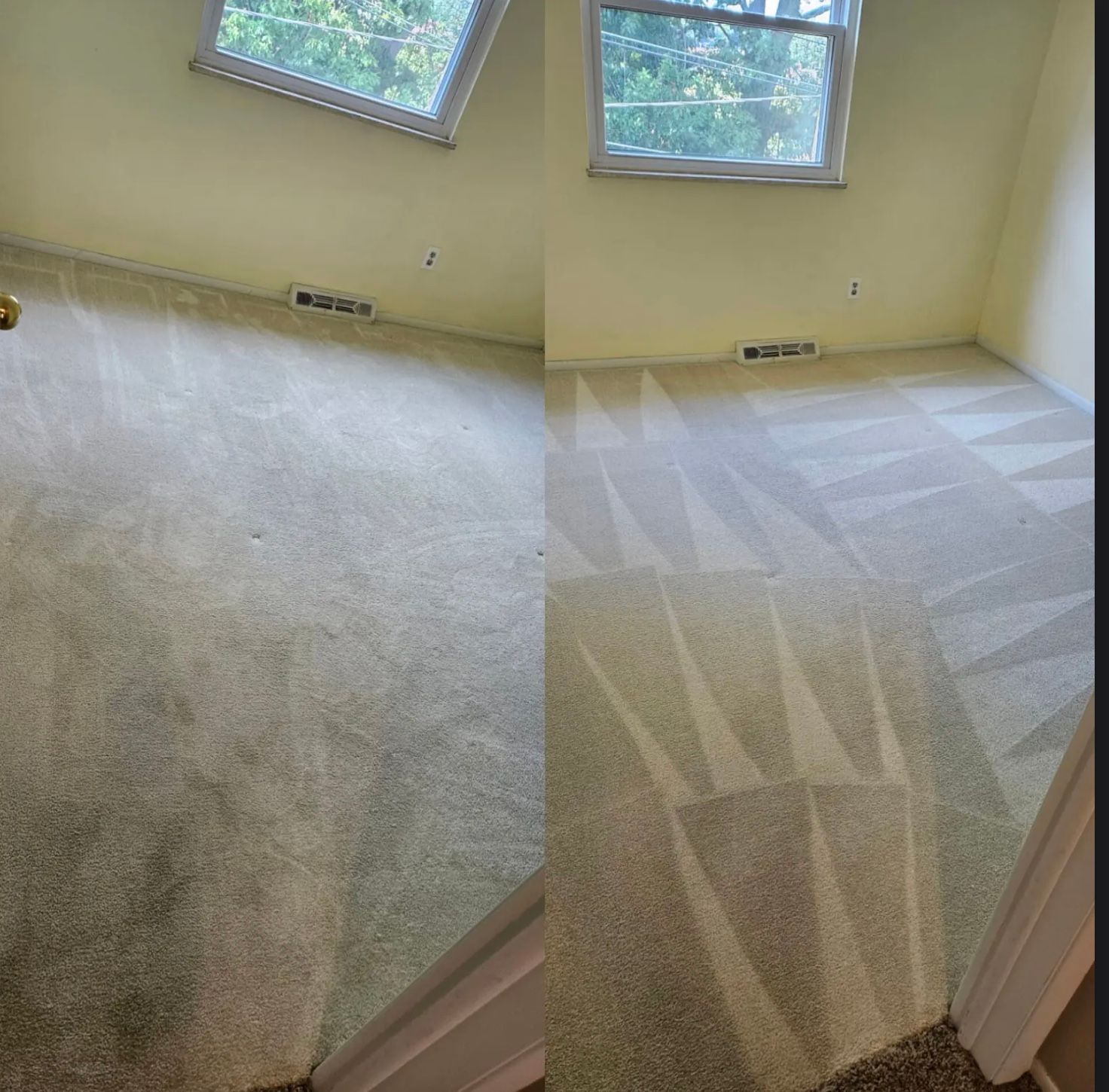 Carpet cleaning comparison: dirty, worn carpet (left) transformed into clean, patterned carpet (right) in a room.