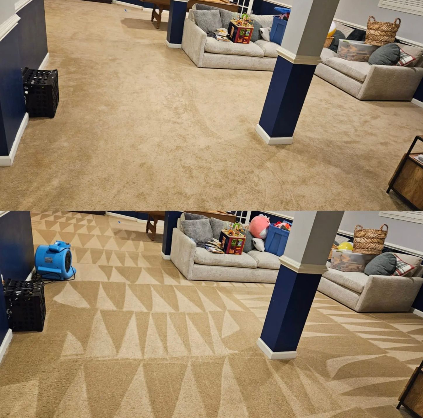 Before and after of carpet cleaning with geometric design. Beige carpet in a basement, with furniture.