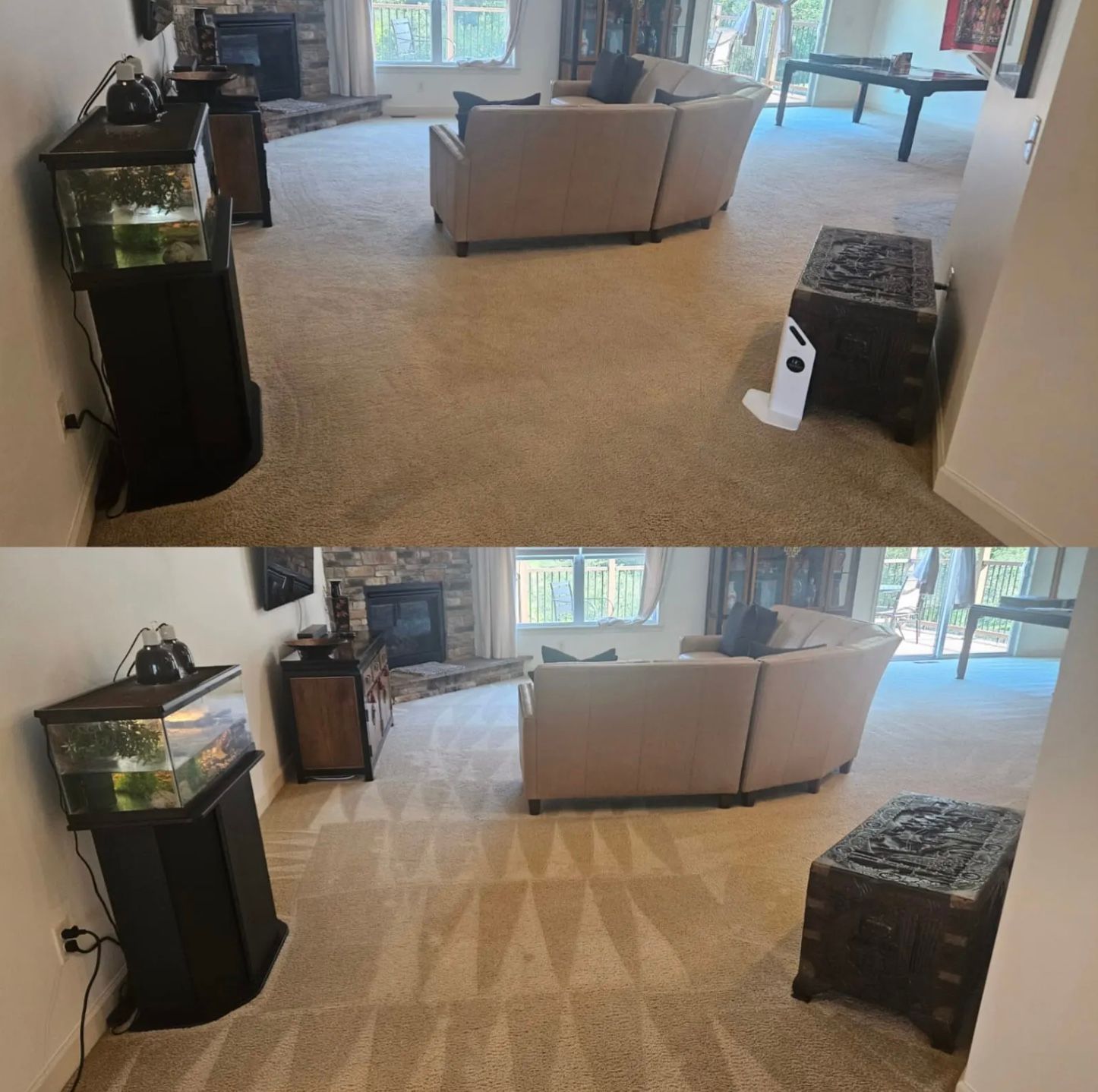 Comparison of a living room carpet before and after cleaning.