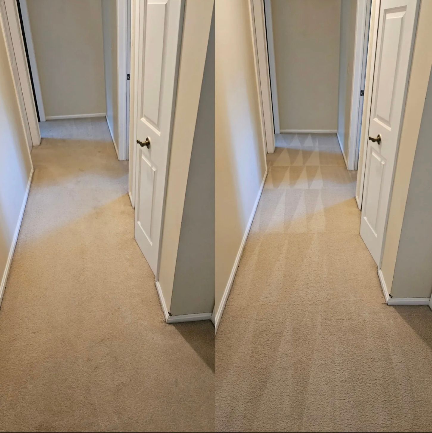 Hallway with beige carpet before and after cleaning, showing stain removal.