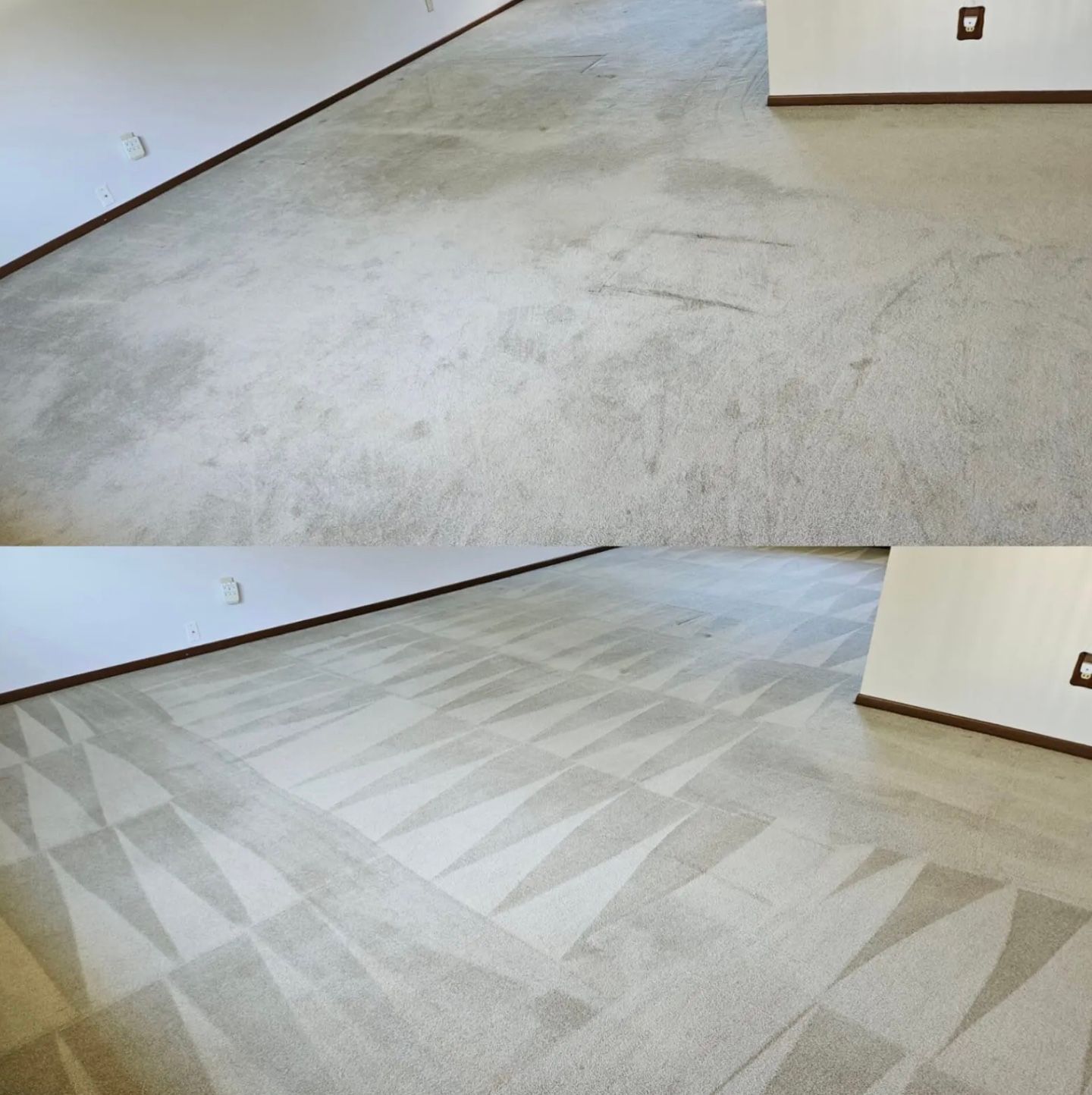 Comparison of a dirty and cleaned carpet in a room, showing before and after cleaning patterns.