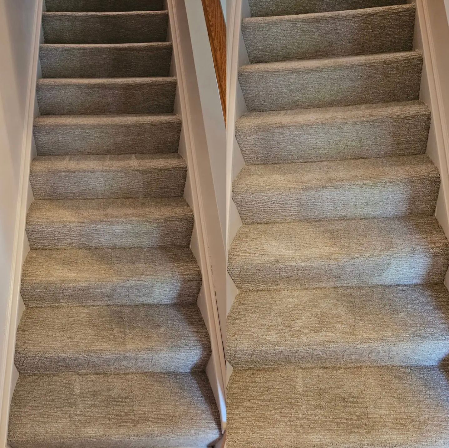 Carpeted staircase, before and after cleaning, light gray carpet.