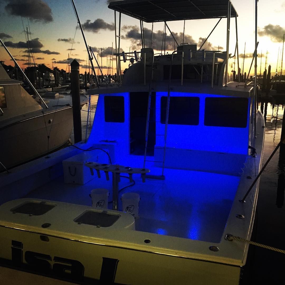 Fishing boat lit with blue lights at dusk in a harbor.