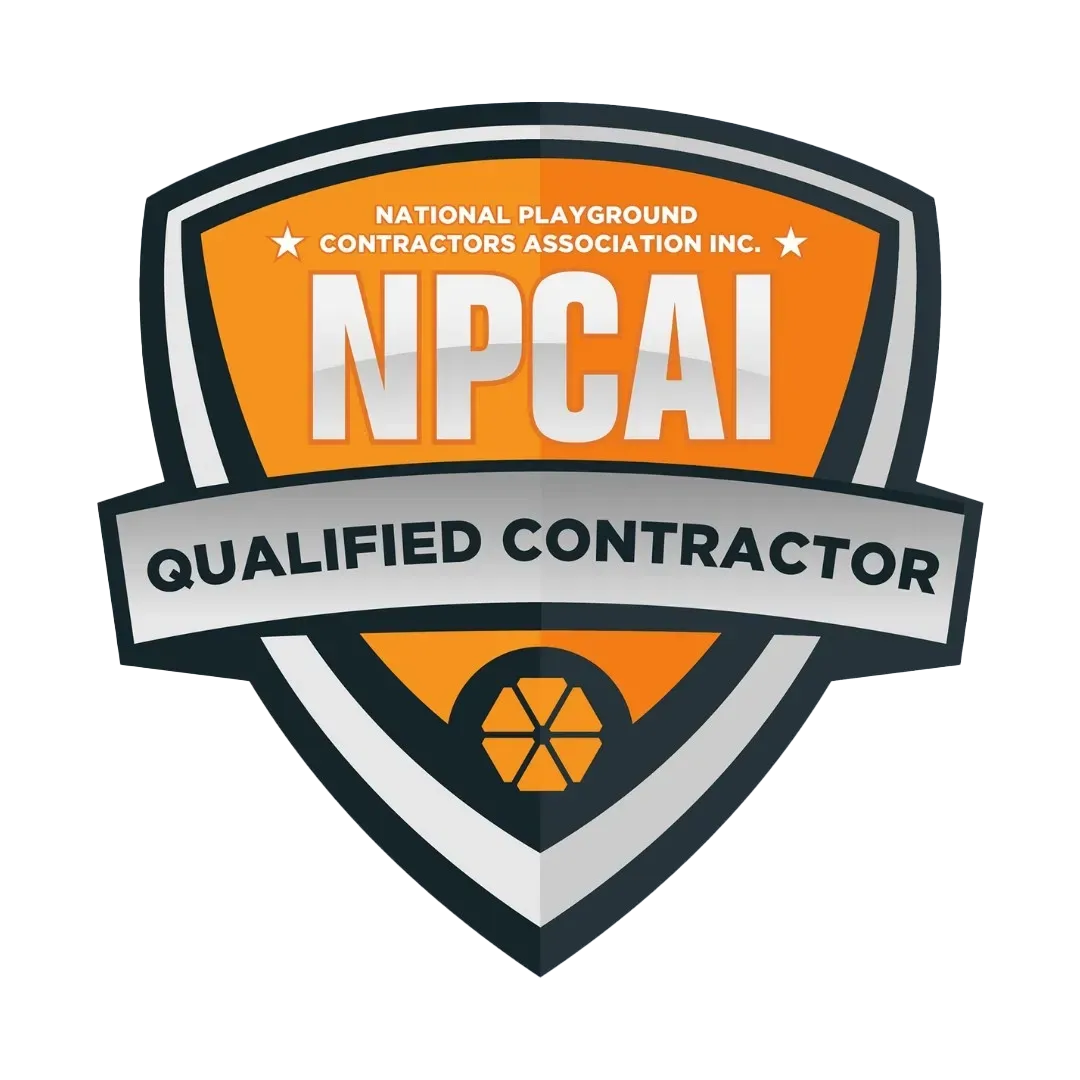 Logo for National Playground Contractors Association Inc., featuring a shield shape with orange, silver, and black colors. Reads