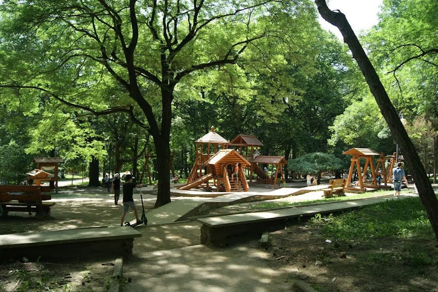 Playground in a park with wooden structures, swings, and benches surrounded by trees.