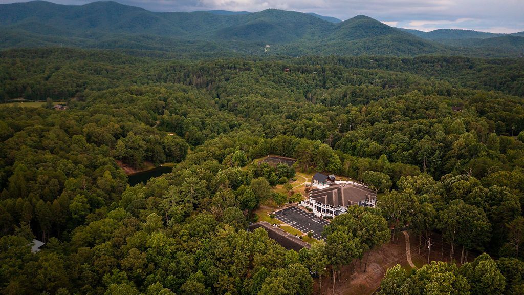 Castle nestled in a dense forest with mountains in the background.