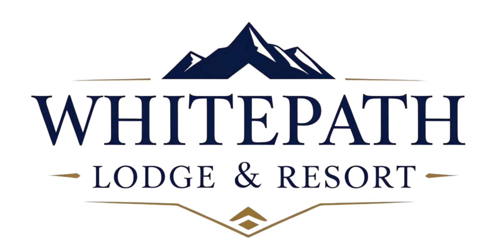 Whitepath Lodge & Resort logo with dark blue mountains and text on a white background with tan accents.