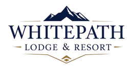 Whitepath Lodge & Resort logo with dark blue mountains and text on a white background with tan accents.