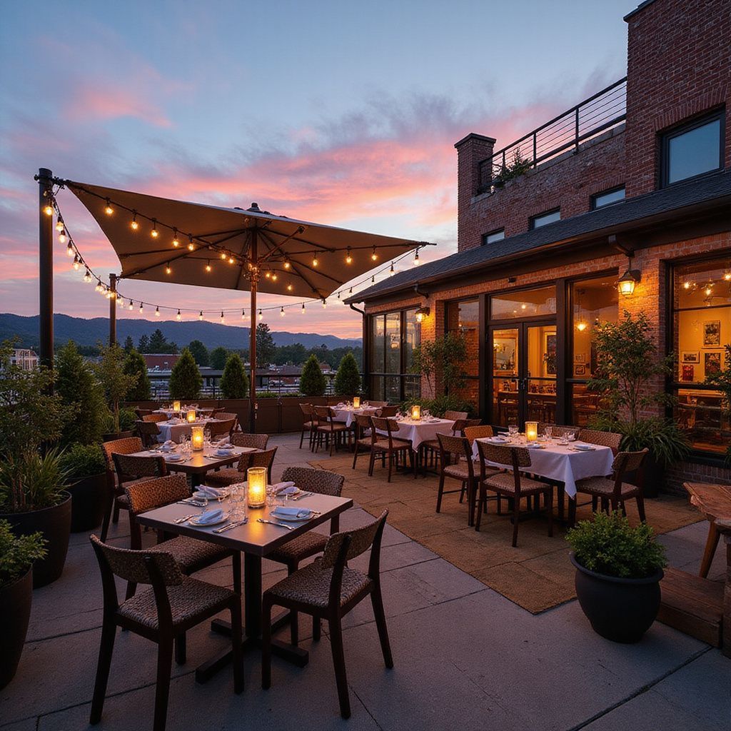 Rooftop restaurant with tables set for dinner at sunset. String lights and brick building visible.