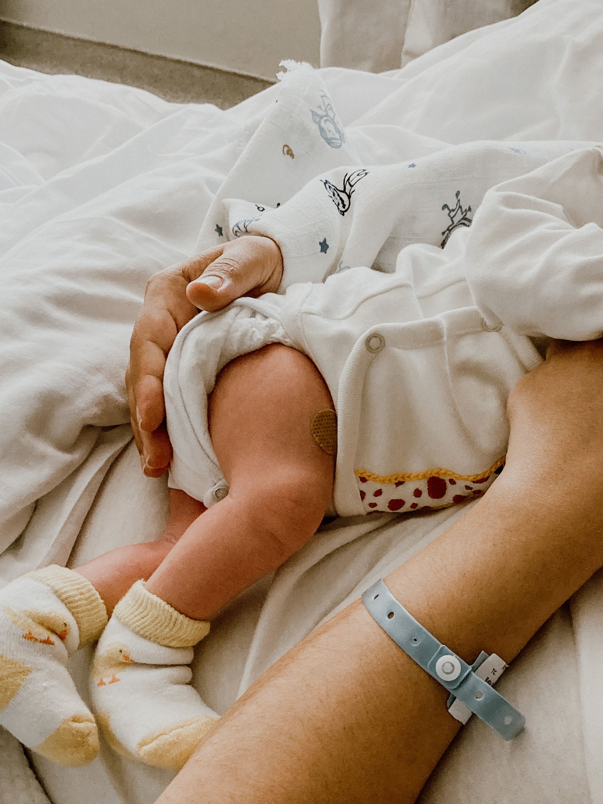 Little baby feet in soft tiny socks being held by their strong mom. 