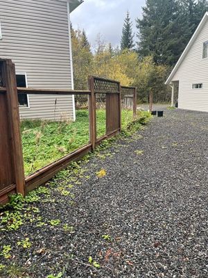 Gravel driveway beside a brown wooden fence and houses, with green ground cover and autumn trees.