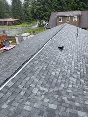 Gray shingled roof viewed from above, with a small roof vent and trees and buildings in the background