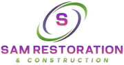Sam Restoration & Construction logo with purple and green swoosh around an &ldquo;S&rdquo; icon