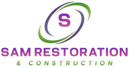 Sam Restoration & Construction logo with purple and green swoosh around an &ldquo;S&rdquo; icon