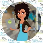 Uma ilustração de desenho animado de uma mulher segurando um laptop