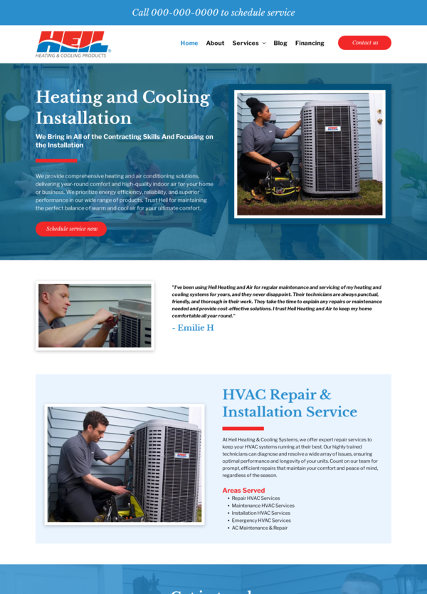 HVAC company website: Installation services. Technicians working on air conditioning units.